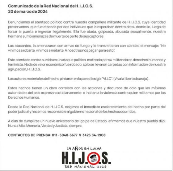 URGENTE: Una mujer integrante de HIJOS fue abusada por militantes de La Libertad Avanza