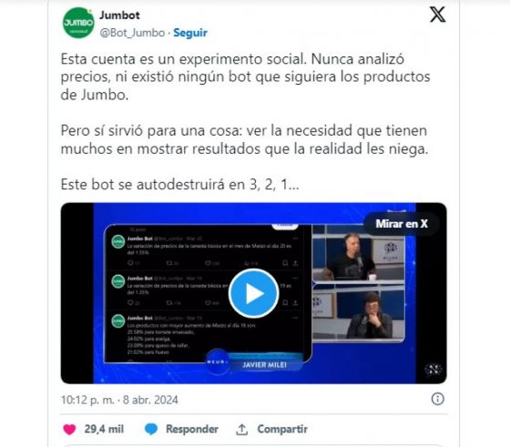 Insólito: Javier Milei citó a un bot para celebrar la caída de precios, pero la cuenta aclaró que usa datos falsos